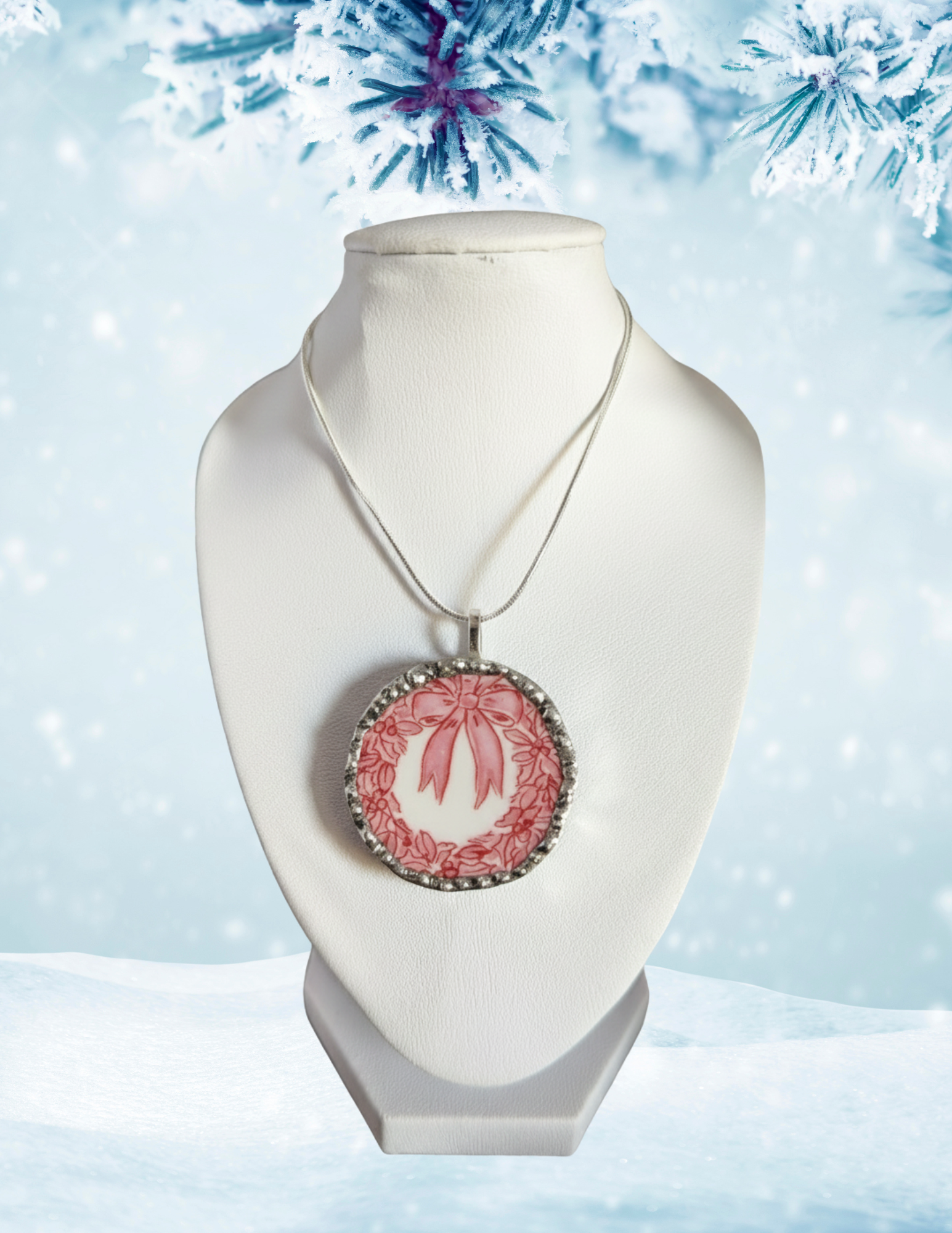 Red Wreath and Bow necklace 18 inch chain