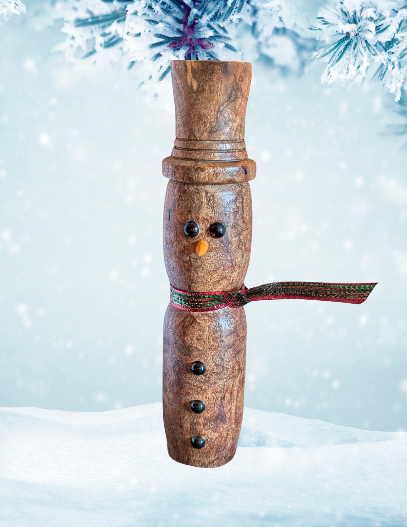 Wooden snowman tall red and green scarf 8.5 inches