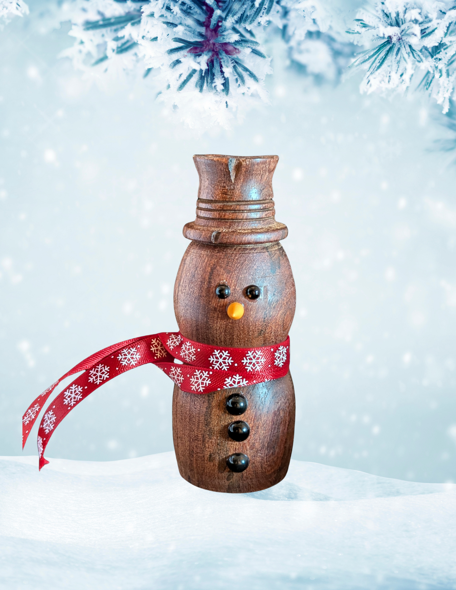 Wooden snowman red snowflake scarf 5 inches (dark wood)